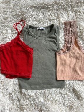 Zara Olive Green Ribbed Crop Tank with Red & Blush Lace Trim Tops